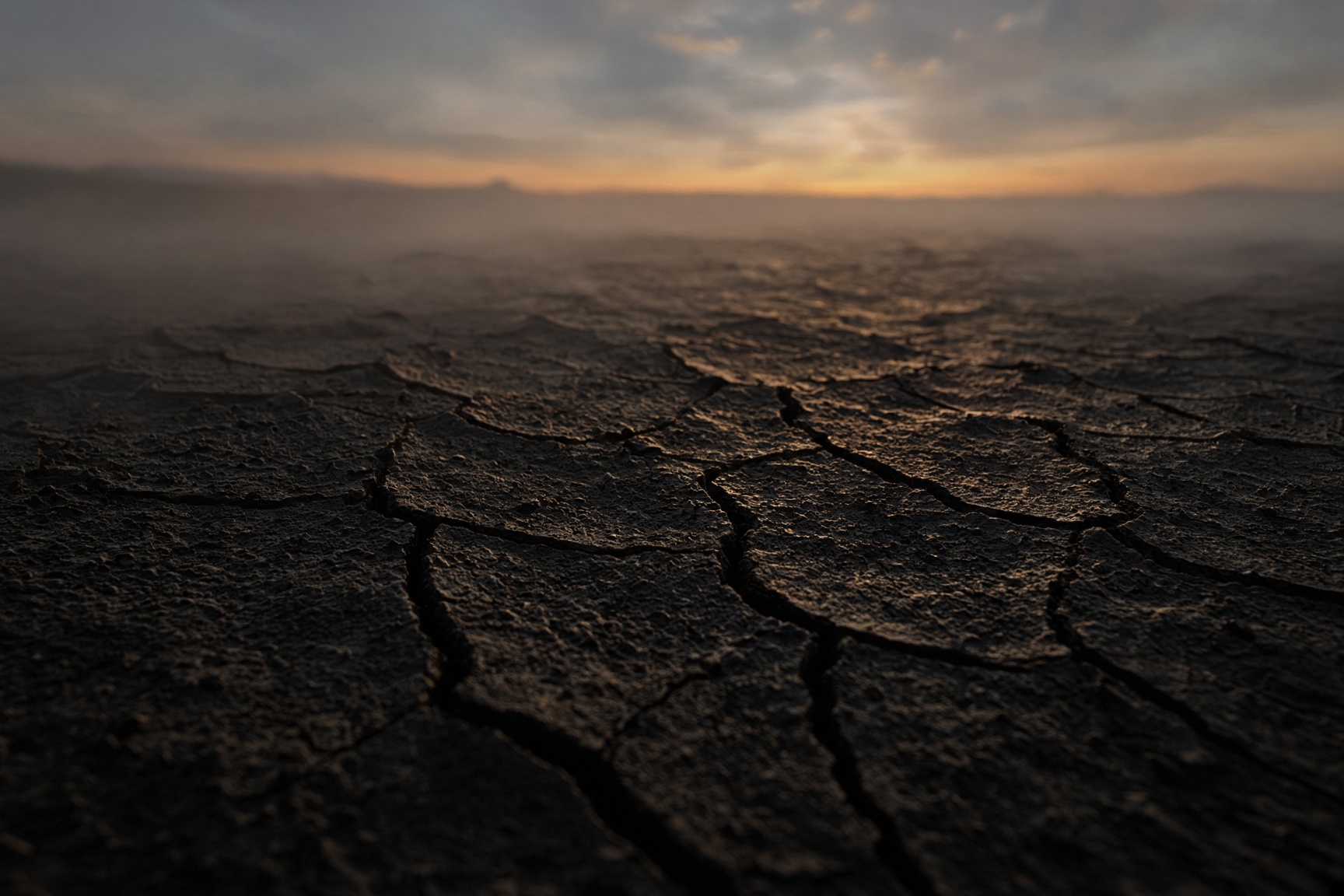 Dark earth with hairline cracks and a faint warm glow